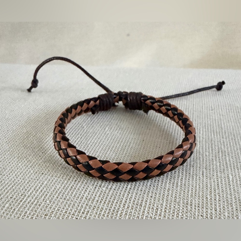 Adjustable Braided Leather Wrap Bracelet in Brown & Black